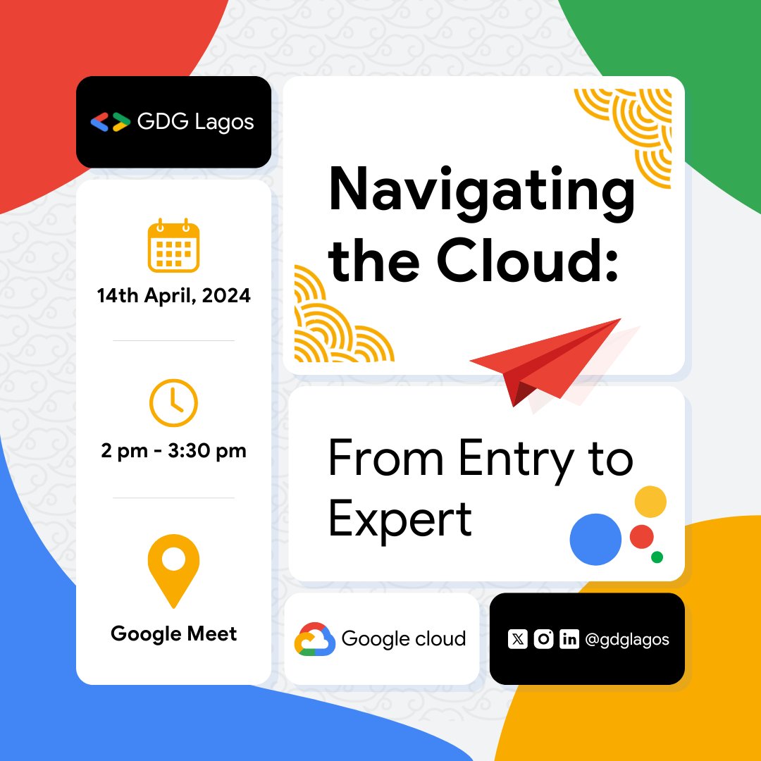 Level up your cloud skills! ☁️ GDG Lagos presents 'Navigating the cloud from entry to expert' on April 14th👨🏿‍💻 This event is for anyone interested in learning about cloud computing, from beginners to seasoned professionals. Register with the link below and see you soon😎…