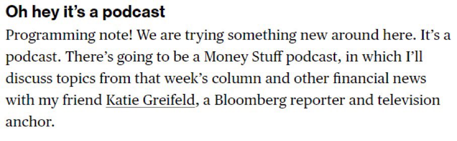 .@matt_levine and I are launching the Money Stuff podcast tomorrow here’s the trailer!: link.chtbl.com/Money-Stuff-Th…