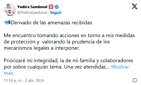 . @YndiraSandoval, candidata a diputada federal por Morelos, informó a través de sus redes sociales, que familiares de ella han sido amenazados por sujetos desconocidos, no obstante ha informado que sigue su campaña con medidas de protección 🗞 📲 acortar.link/uam4m6