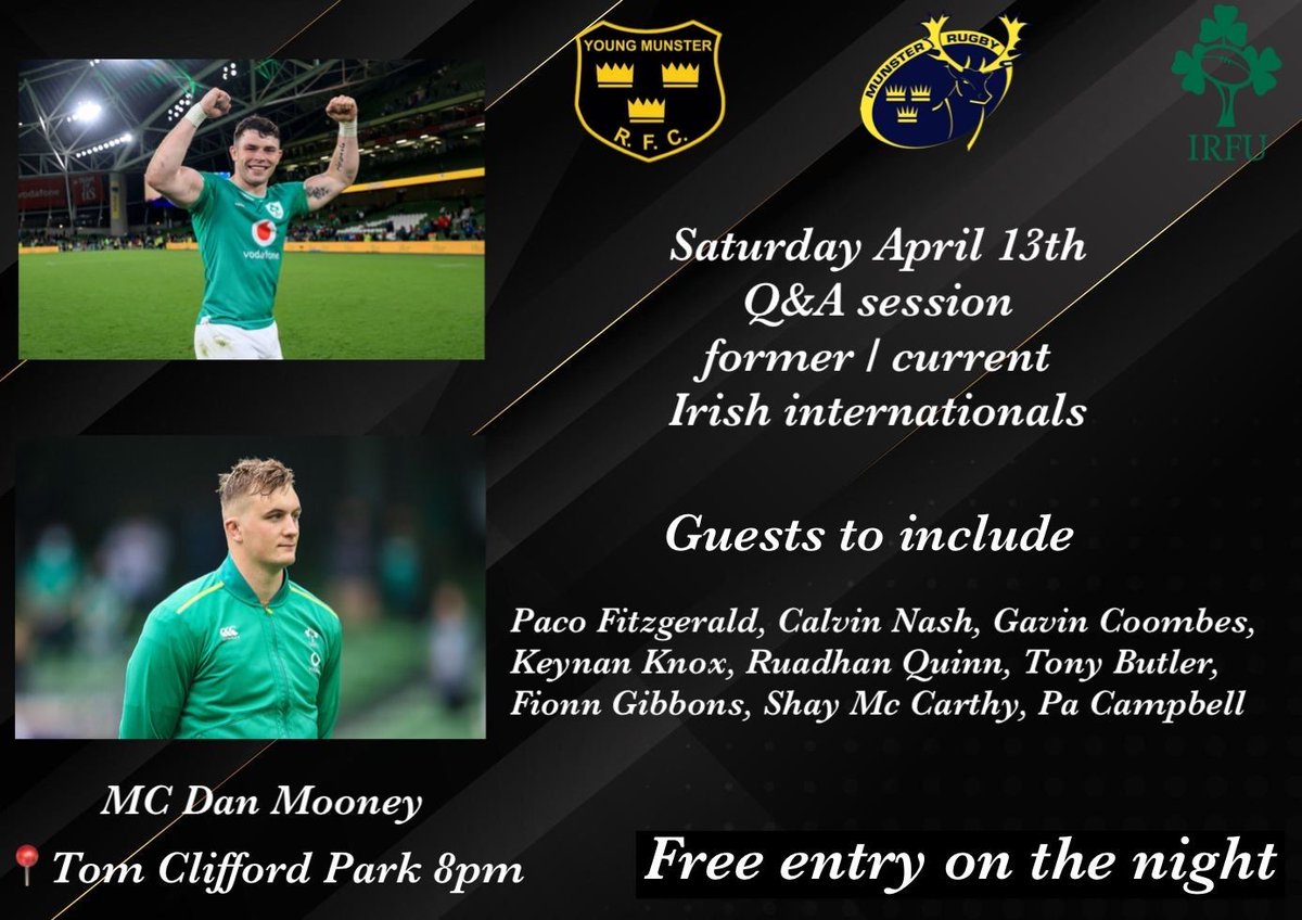 Here is our line up of guests for our Members Event: 📍 YM Clubhouse TCP 🗓️ Saturday 13th from 8pm ❓ Q&A hosted by Dan Mooney 🎤🍻 Live music & craic 🎟️ Free Tickets available on the night