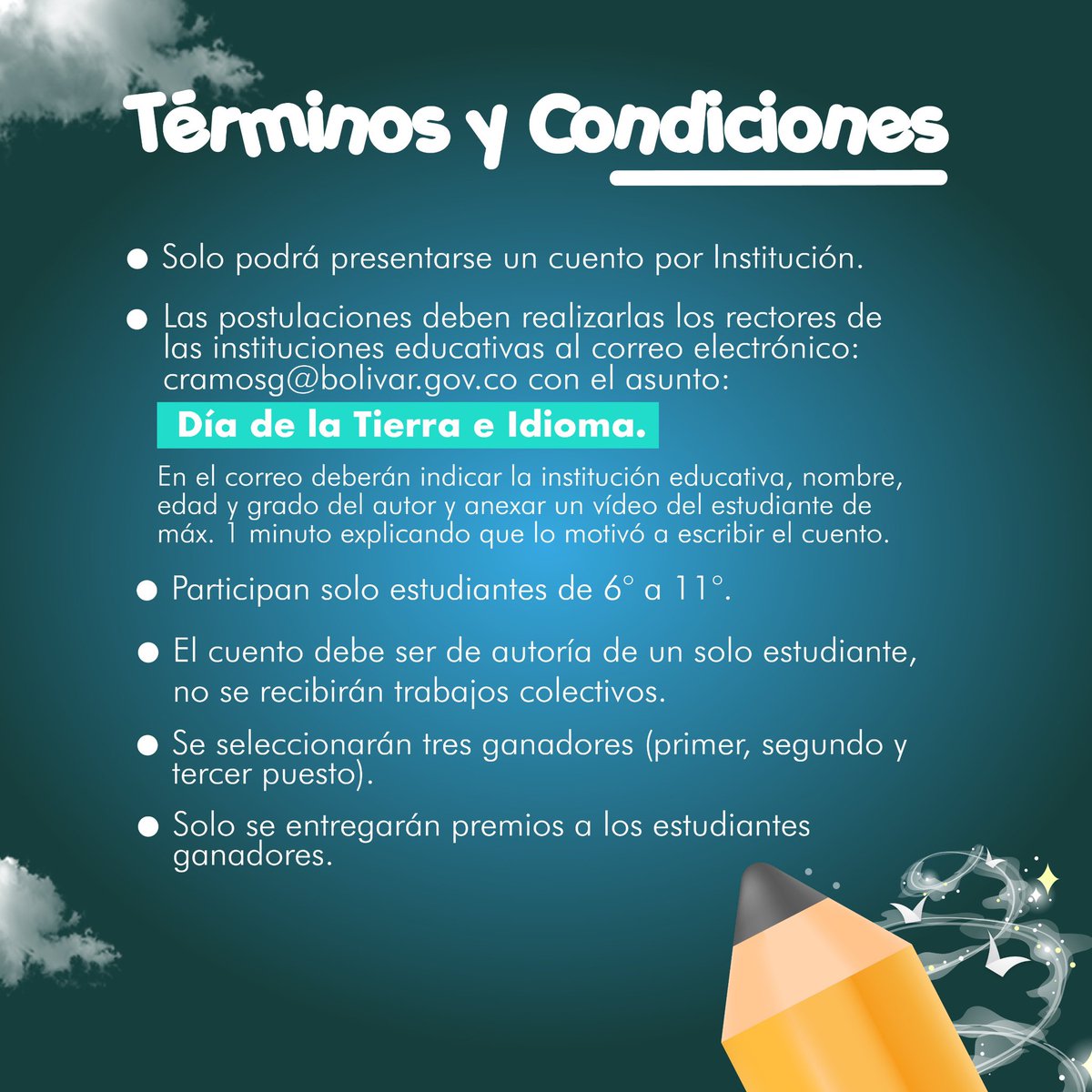 📚🍃👦🏻👧🏾 Bolívar es un territorio lleno de historias por contar y por descubrir y es por eso que invitamos a todos los niños, niñas y jóvenes de los colegios del Departamento a participar del concurso de cuentos ambientales ‘La tierra es mi cuento’.

Conoce los requisitos👇