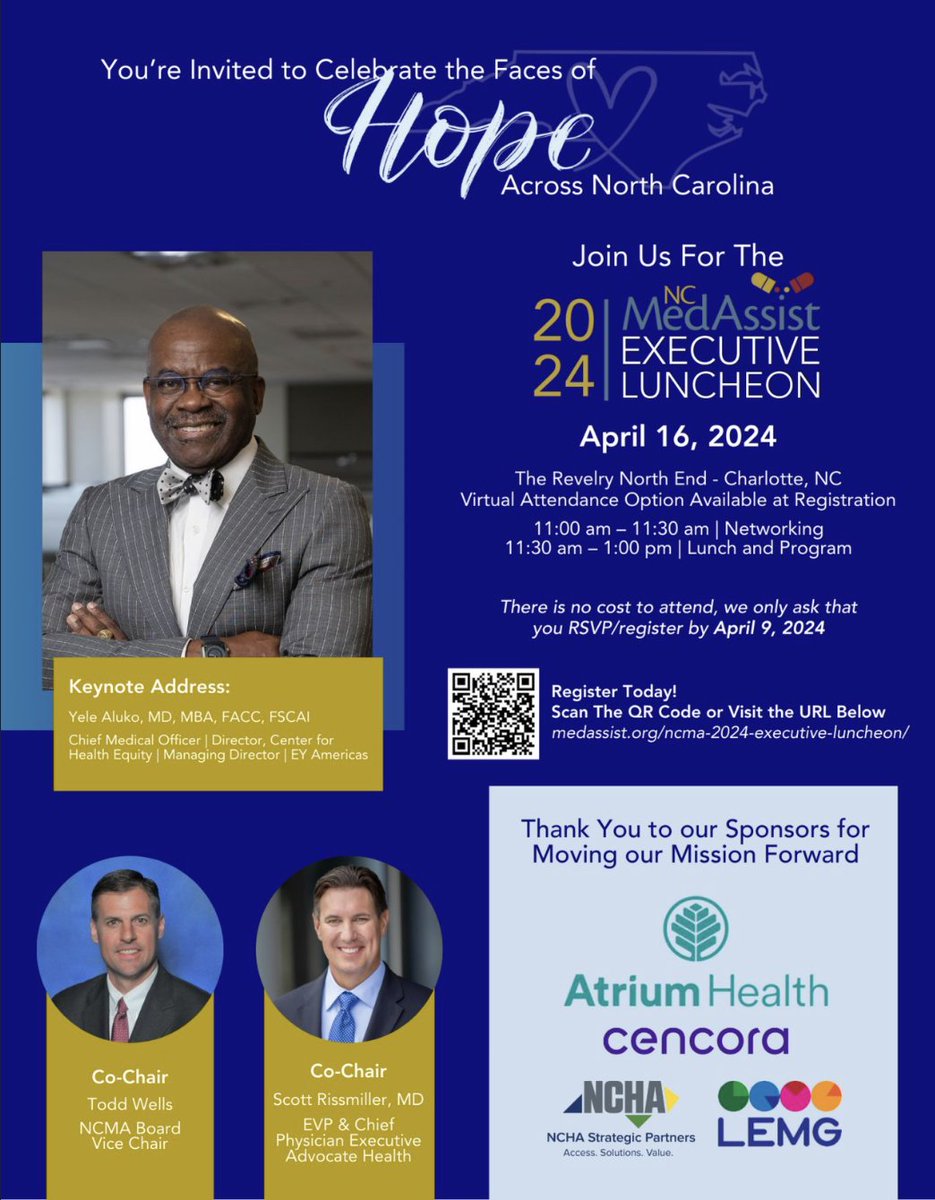 Excited to keynote the 2024 MedAssist Executive Luncheon on April 16. Every $1 donated delivers $16 in medication to those in need across #NC. Join us in supporting this cause! Details: medassist.org #HealthEquity
