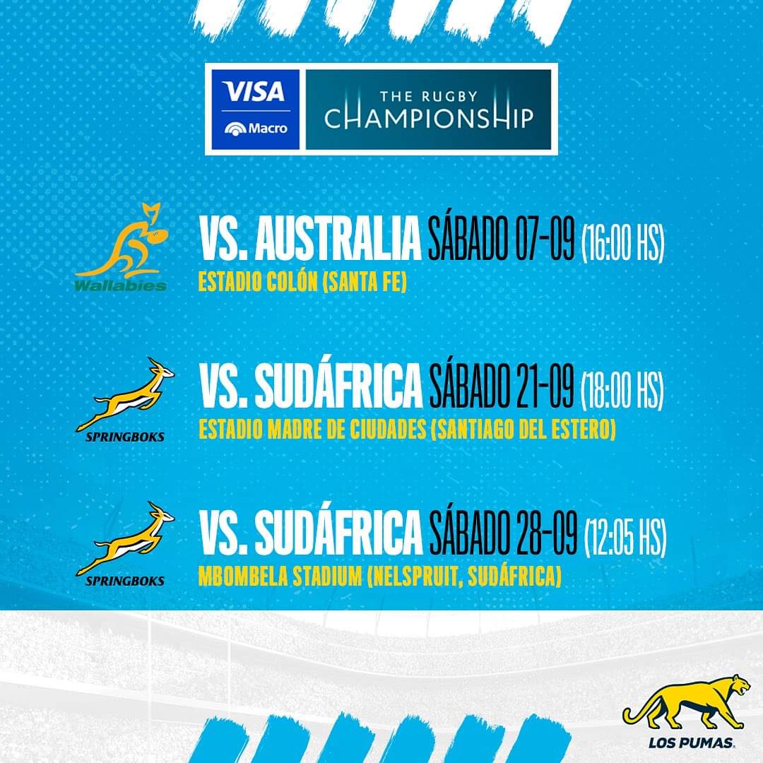 🔜 @lospumas vuelven a Santiago del Estero!! 🏆🏉🏟 🇦🇷

Enfrentarán a #Sudáfrica (último campeón mundial) por la Rugby Championship Visa Banco Macro. 🏆🇿🇦💪🏻🙌

📅 Sábado 21 de septiembre. 18 horas. 

🎟️ Próximamente info sobre la venta de entradas.