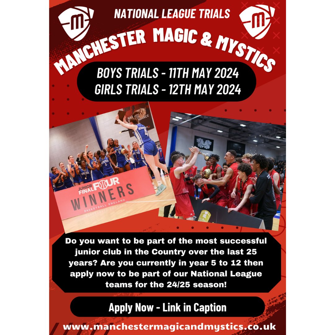 Manchester Magic and Mystics National League Trials Boys trials 11th May Girls trials 12th May For full information and to book your place, please fill out this form: forms.gle/M7vAuN3UdW3CX4…