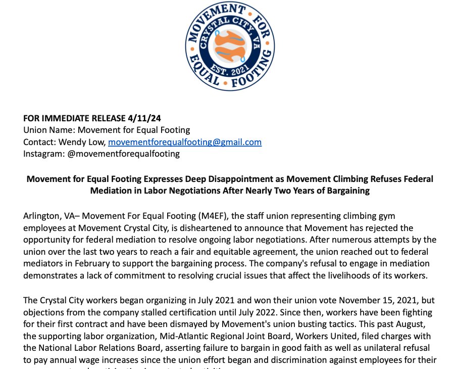 FOR IMMEDIATE RELEASE: Movement for Equal Footing Expresses Deep Disappointment as Movement Climbing Refuses Federal Mediation in Labor Negotiations After Nearly Two Years of Bargaining