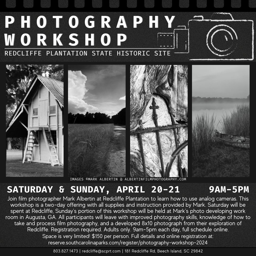 📸 Join Mark Albertin for a 2-day film photography workshop at Redcliffe Plantation, Apr 20-21. All supplies and instruction provided. Improve your skills & learn film photography techniques. $150/person. 9am-5pm each day. Register & details🔗 brnw.ch/21wIJyh