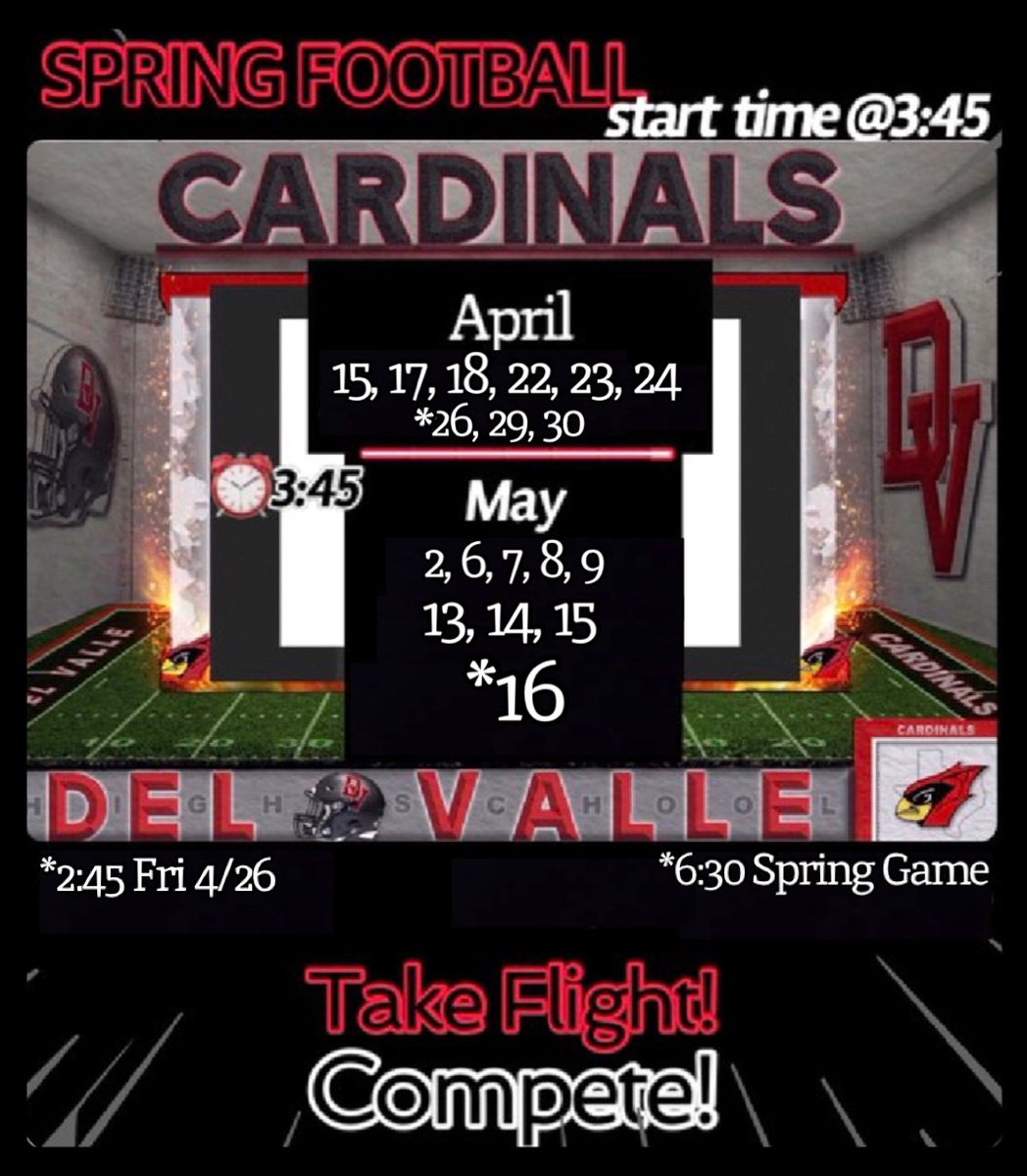 Spring is here🍿 Got some Dudes for all levels! FBS, FCS, D2, D3, NAIA...❗️ 🏈Period starts at 3:45 Every day Mon-Thurs (every Fri, period starts at 2:45) #RecruitDV🔴 Always Got Athletes! @DVCardinalsFB @jrock44rt @julio_ramirezz1 @Freddie_T22 @truley_number6 @Demari_Hunt