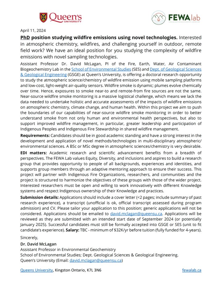 FEWALab.ca (my group) is recruiting a PhD student to study near-source #WildfireSmoke using novel techs (Sep '24/Jan '25 start). Particularly looking for background/experience in #AtmosphericScience or #AtmosphericChemistry.
Ready for the challenge? Please apply...