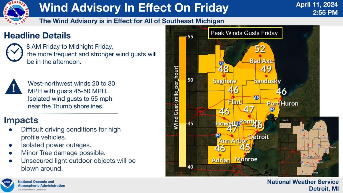 A wind advisory has been issued for Friday and Friday evening for all of southeast Michigan. West-northwest wind gusts of 45-50 mph expected, with isolated gusts up to 55 mph possible near the Thumb shorelines.