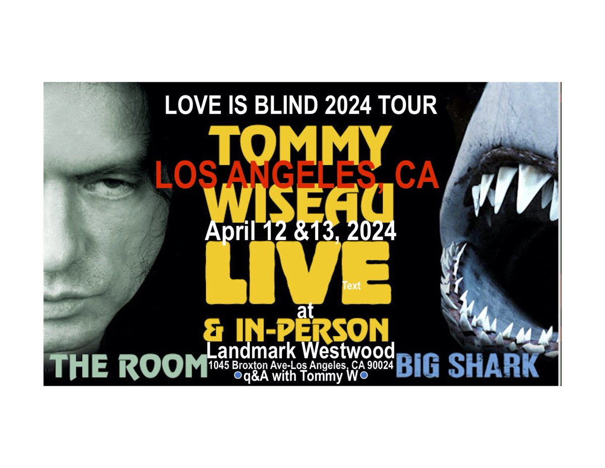 LA!!! COME JOIN ME FOR Q&A LIVE IN PERSON TOMORROW!! SEE BIG SHARK & OR THE ROOM!!! THE ROOM April 12 & 13 landmarktheatres.com/movies/314280-… BIG SHARK April 12 & 13 landmarktheatres.com/movies/314900-… San Diego THE ROOM May 3 & 4 readingcinemas.com/grossmont/movi… BIG SHARK May 3 & 4 readingcinemas.com/grossmont/movi…