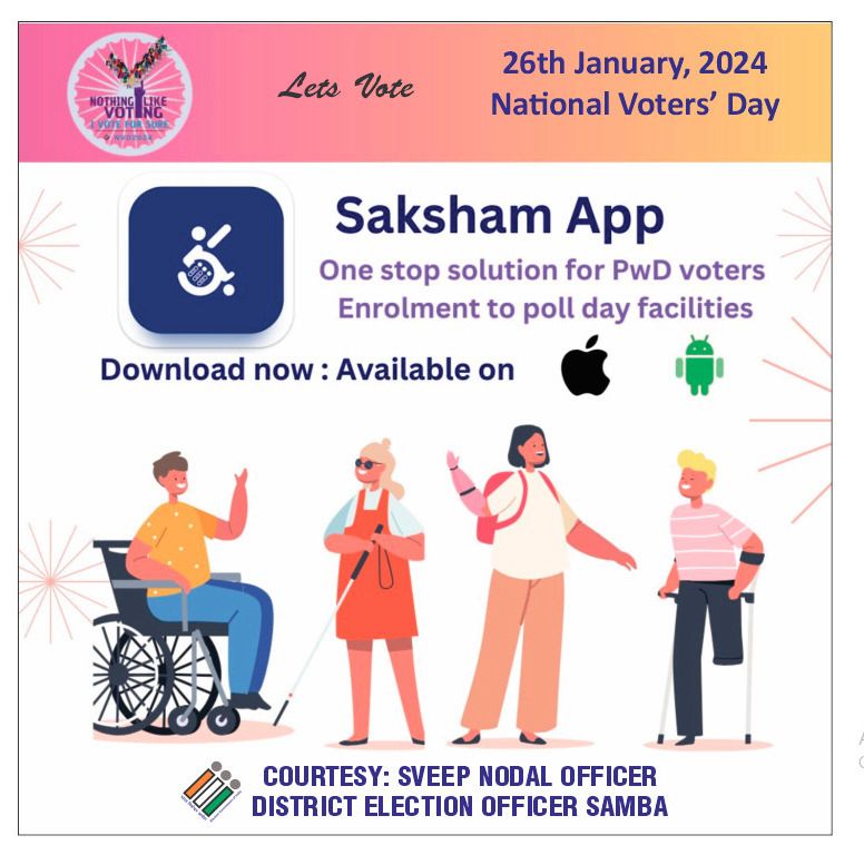 Let's make democracy accessible to all! Saksham app ensures that persons with disabilities can cast their votes seamlessly. Empower your voice, be a part of the change! Download Saksham today. #ChunavKaParv #DeshKaGarv #ECI @ceo_UTJK @diprjk #VotingRights #IVote4Sure