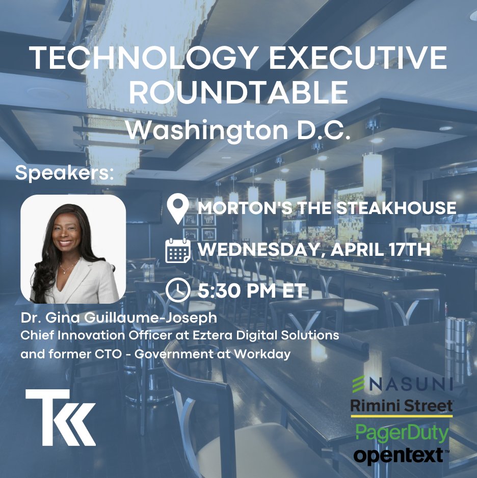 Join us in Washington D.C. for a #roundtablediscussion led by Dr. Gina Guillaume-Joseph. Don't miss this exclusive opportunity to connect with leaders from @pagerduty, @riministreet, @Nasuni, and @OpenText.

👉 Register today and be part of shaping the future of technology:…