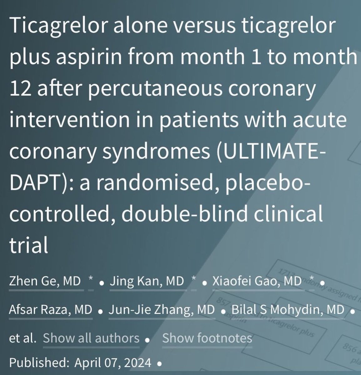 Just 1 month of DAPT after ACS? This trial showed ticagrelor monotherapy after only 1 month of DAPT to decrease bleeding WITHOUT change in ischemic events. A step in the right direction to decrease risk and pill burden in our patients. ULTIMATE-DAPT Trial, Lancet 2024 ♥️