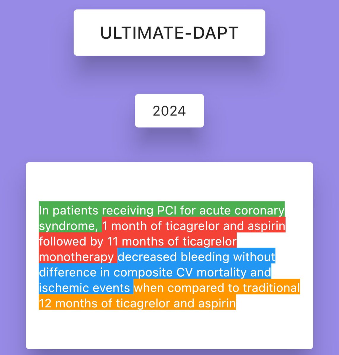 CardiacTrials's tweet photo. Just 1 month of DAPT after ACS? This trial showed ticagrelor monotherapy after only 1 month of DAPT to decrease bleeding WITHOUT change in ischemic events. A step in the right direction to decrease risk and pill burden in our patients. ULTIMATE-DAPT Trial, Lancet 2024 ♥️ https://t.co/HLGtEStn6x
