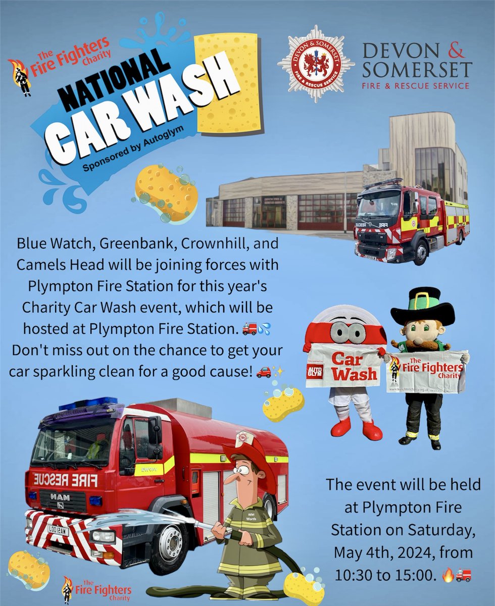 Plympton Fire Station (@fireplympton) on Twitter photo 🚗 Mark your calendars! Join us at Plympton Fire Station on May 4th for a charity car wash event you won't want to miss! From 10:30 to 15:00, Blue Watch, Greenbank, Crownhill, Camels Head, and Plympton will be teaming up to wash cars and support the <a href="/firefighters999/">Fire Fighters Charity</a> Charity. 🚗 Mark your calendars! Join us at Plympton Fire Station on May 4th for a charity car wash event you won't want to miss! From 10:30 to 15:00, Blue Watch, Greenbank, Crownhill, Camels Head, and Plympton will be teaming up to wash cars and support the <a href="/firefighters999/">Fire Fighters Charity</a> Charity.