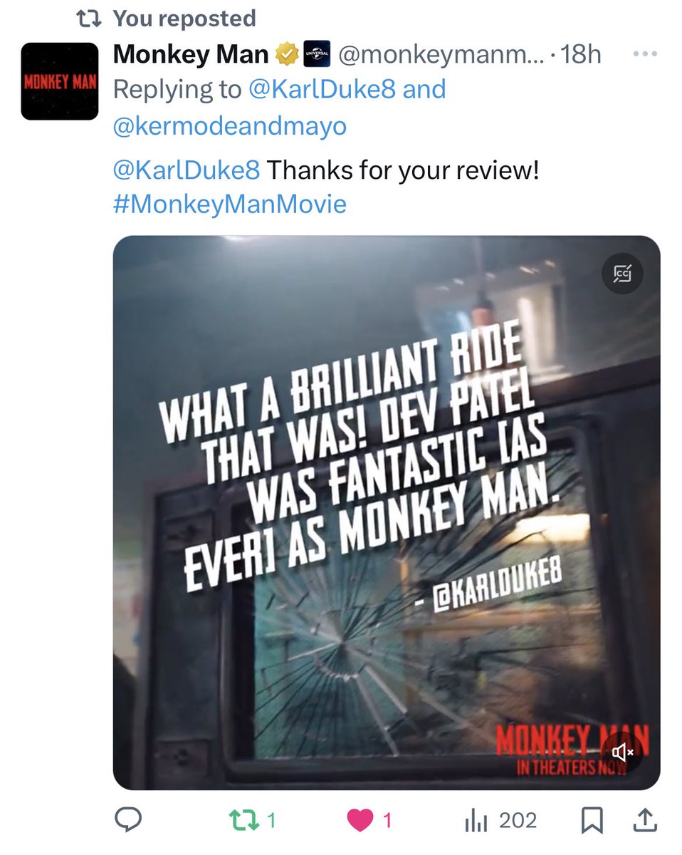 Love this. Tagged @monkeymanmovie after watching Dev Patel’s new brilliant film and they use the quote with a clip from the film. Awesome! @PaulWat5 @RuddickRichard @sam_creighton @smithsmm @f33lthesun