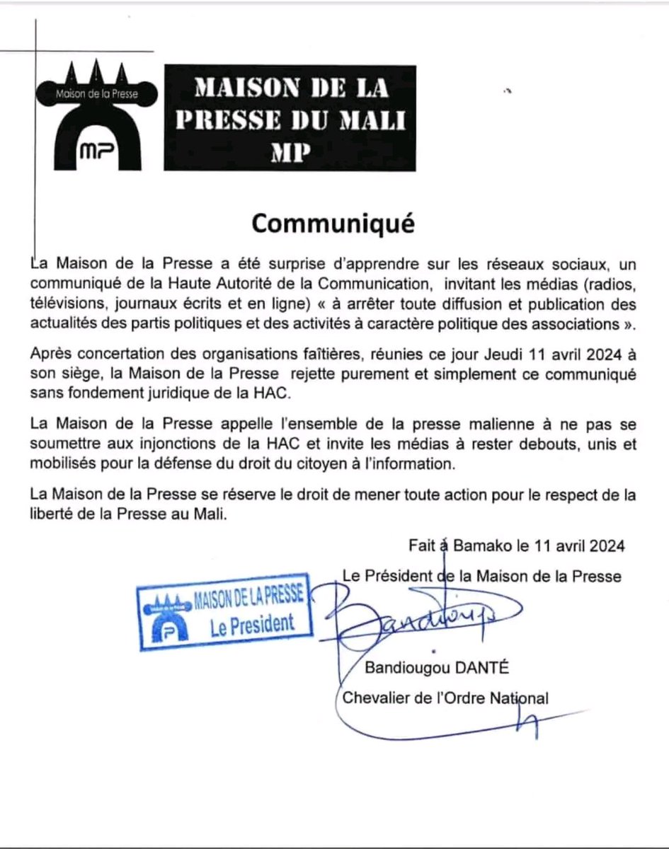 #Mali | La Maison de la Presse rejette purement et simplement le communiqué'sans fondement juridique' de la Haute Autorité de la Communication (HAC) interdisant la couverture des activités des partis politiques et associations à caractère politique. 'La Maison de la Presse…
