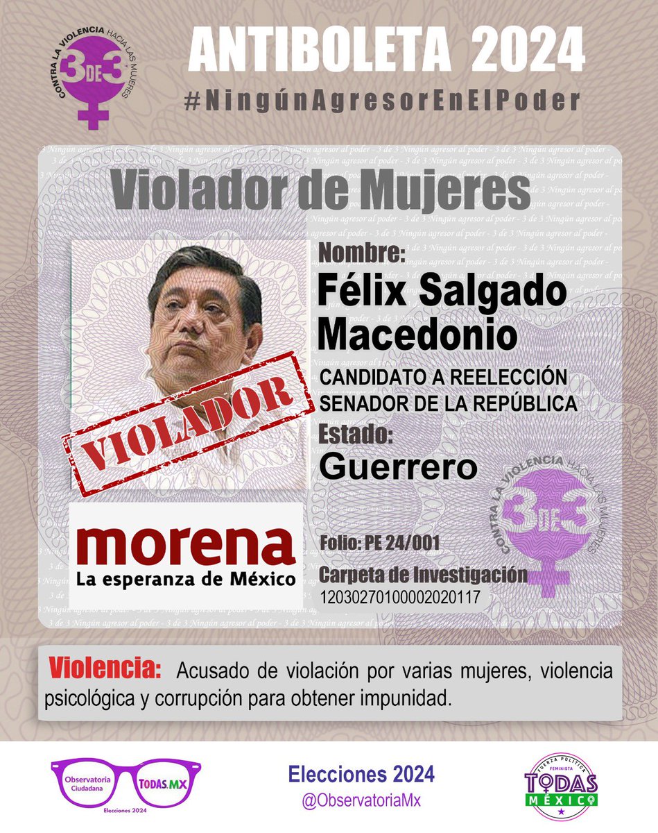 #unvioladornoserásenador
<a href="/FelixSalMac/">Félix Salgado Macedonio</a> 
Acusado de violación por varias Mujeres.
Si sabes de algún otro candidato que incumpla con la #3de3vslaviolencia, denúncialo aquí:
forms.gle/VihxTqNAo64SmE…
#NingunAgresorEnElPoder
#3de3vslaviolencia
