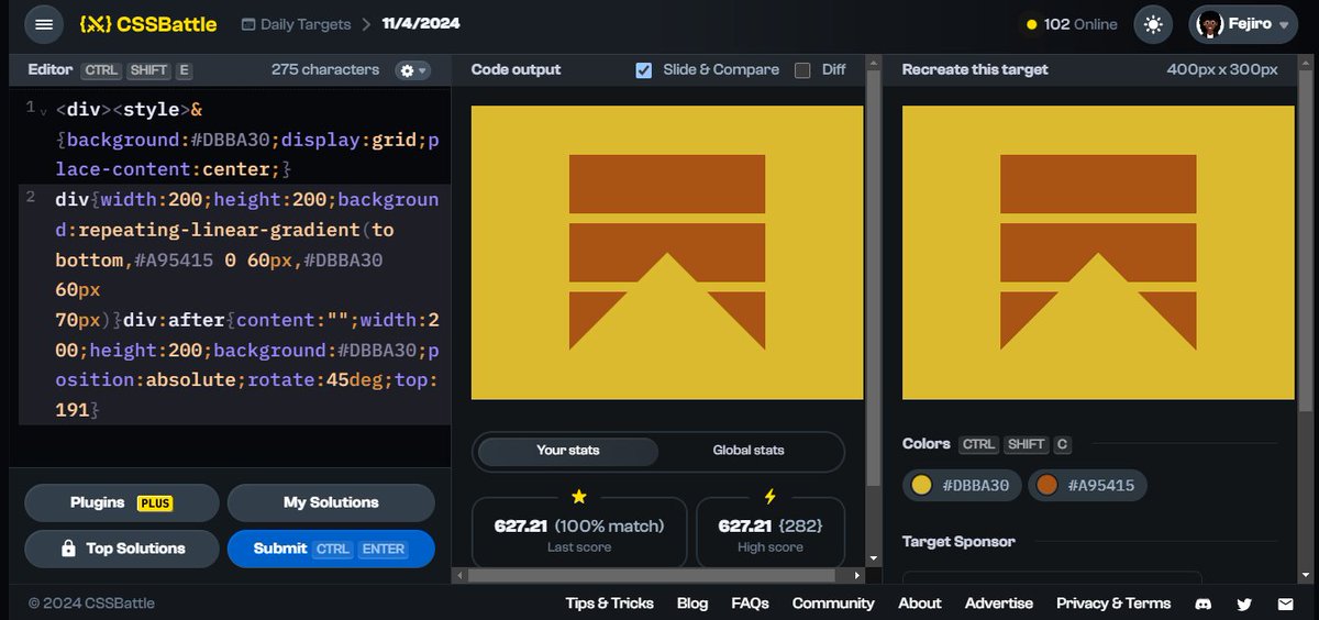 aberefejiro's tweet image. {⚔️} Day 32 of #CSSBattleDaily streak: Apr 11  — 627.21 score / 282 chars cssbattle.dev/play/570QZxCtS… via @css_battle 
Very easy
Repeating linear gradient 🔥🔥