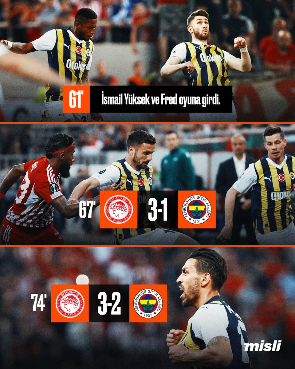 Fenerbahçe pes etmedi! 3-0 geriye düştüğü maçta Olympiacos’a karşı İsmail Yüksek ve Fred değişiklikleri sonrası skoru 3-2’ye getiren Sarı-Lacivertliler, tur umutlarını Kadıköy’e bıraktı 👀 #ŞampiyonOranMislide
