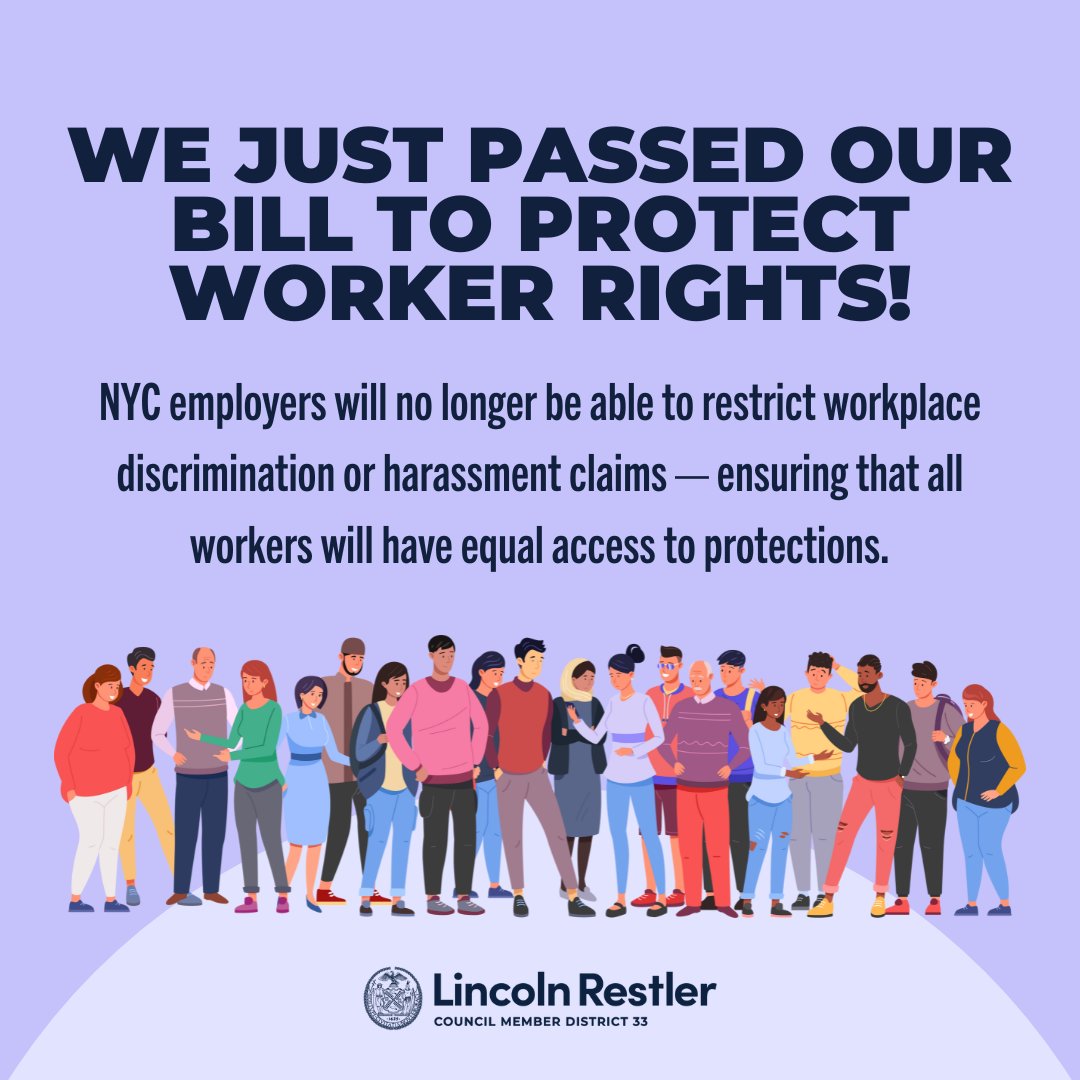 ⚖️🎉 NEW: We just passed our bill to protect New York City workers by banning employers from restricting workplace discrimination or harassment claims. Employers were using a loophole to get around our human rights laws & shorten the length of time workers had to file in court.