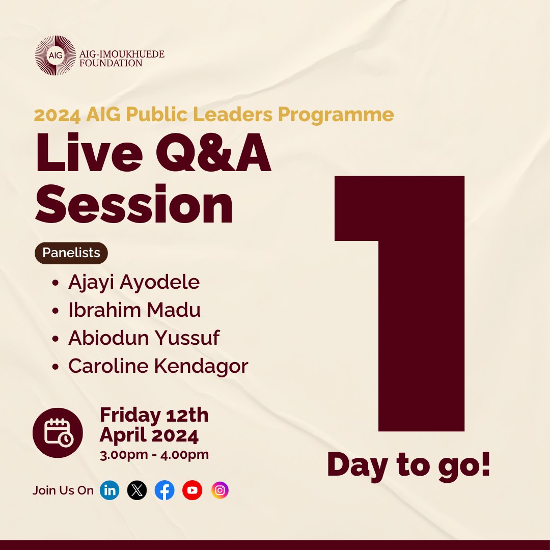Join us tomorrow for a LIVE Q&A to improve your chances of an excellent 2024 AIG Public Leaders Programme application! Ask your questions about our application process and programme experience. #AigImoukhuedeFoundation #LiveQA #AIGPLP #ClosingtheGapbetweenAfricaandtheWorld