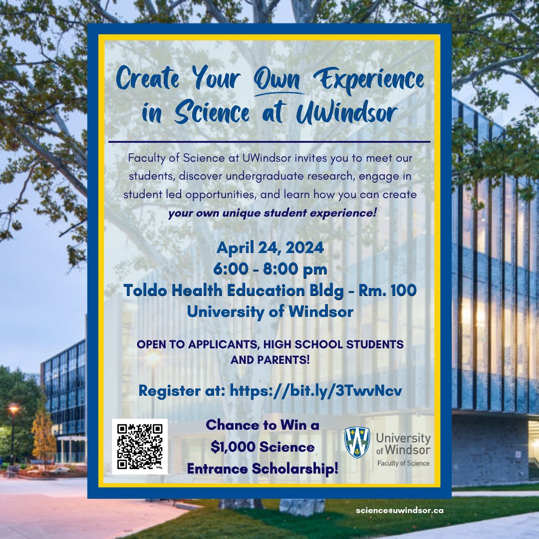 Attention future science students! Join us for 'Create your own experience in science at UWindsor.' Meet our students & discover undergraduate research on Wed, Apr 24 from 6-8pm in the Toldo Health Education Building, Room 100 (main campus). Register at: bit.ly/3TwvNcv