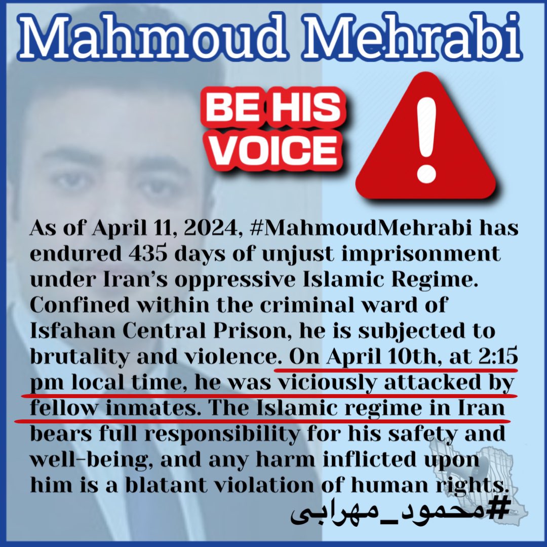 As of April 11, 2024, #MahmoudMehrabi 
#محمود_مهرابی has endured 435 days of unjust imprisonment under Iran’s oppressive Islamic Regime. Confined within the criminal ward of Isfahan Central Prison, he is subjected to brutality and violence. On April 10th, at 2:15 pm local time,…
