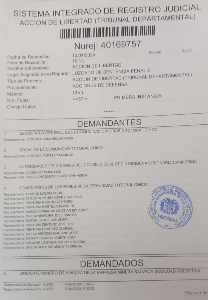 ¡URGENTE!!
Exigimos debida protección del @MindeGobierno
para víctimas en el caso d #AcciónDeLibertad d comunarios d #TotoralChico contra el sind. minero d Avicaya por las agresiones q sufrieron. 

Juez rechazó pedido d audiencia virtual, por lo q será presencial en #Oruro(15:30)