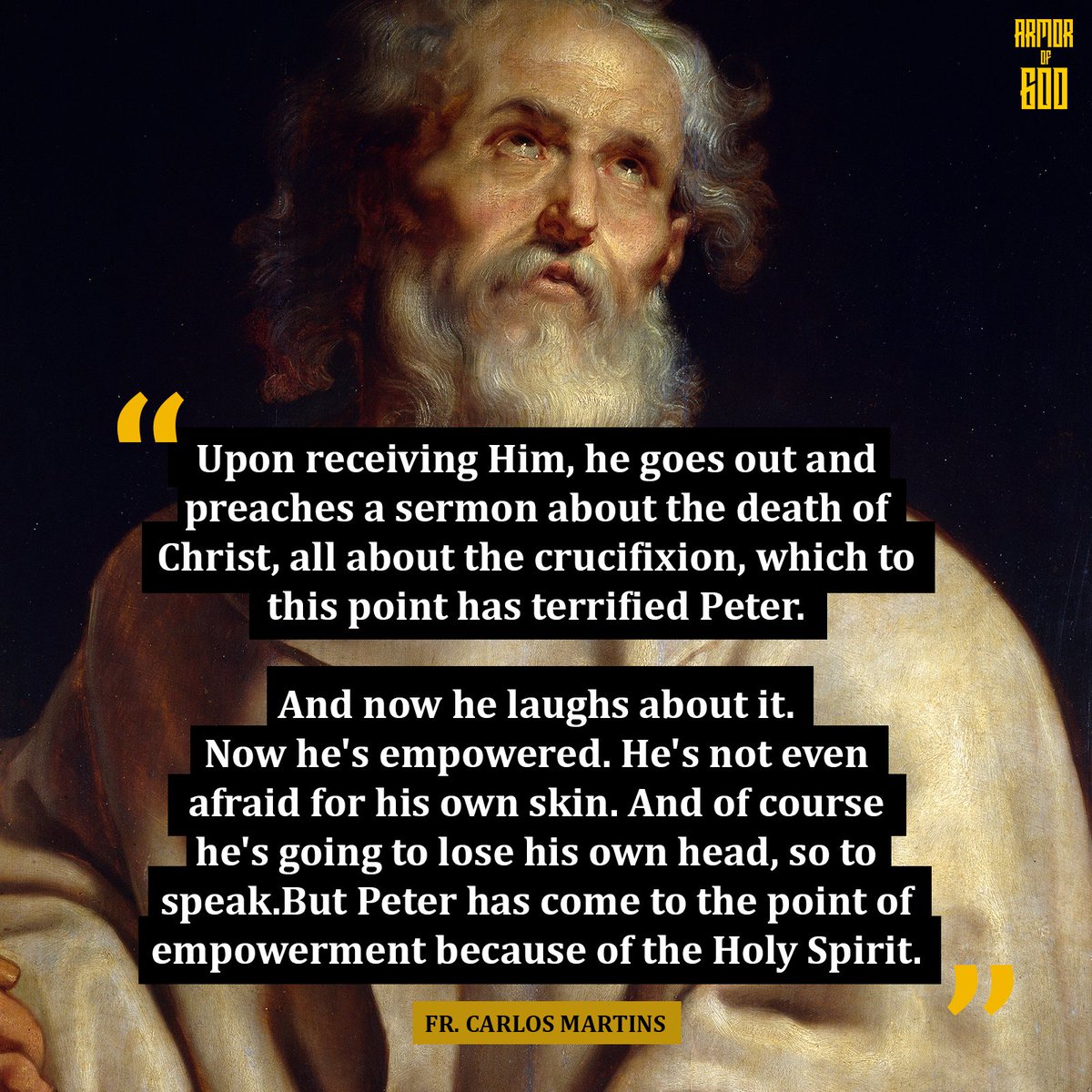 Fr. Carlos Martins: ( youtu.be/7X_gWDIZm8M ) 'But the Holy Spirit comes and brings that healing. And upon receiving Him, he goes out and preaches a sermon about the death of Christ, all about the crucifixion, which to this point has terrified Peter.'