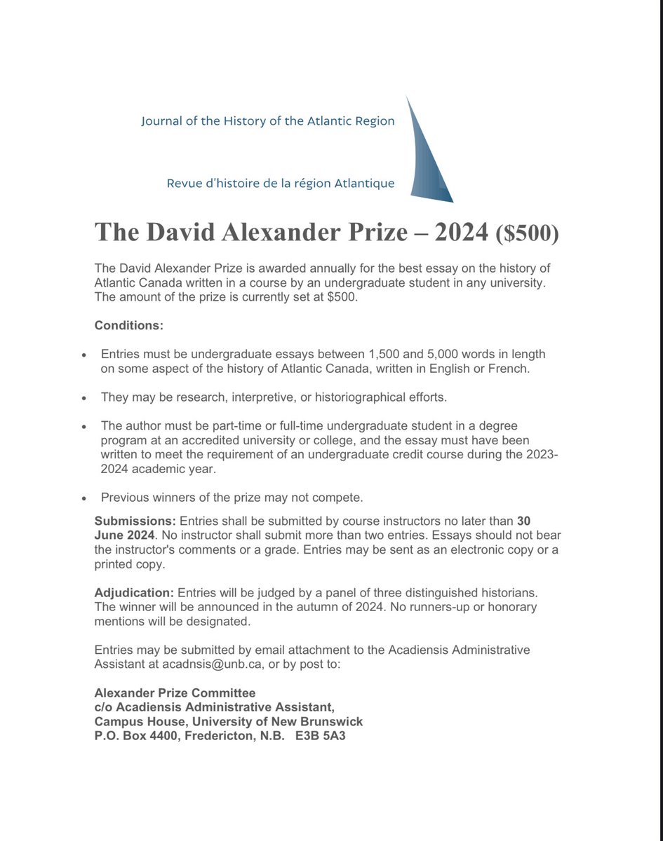 The CFP for the David Alexander Prize, awarded annually to the best essay on Atlantic Canada submitted in an undergraduate course, has been issued