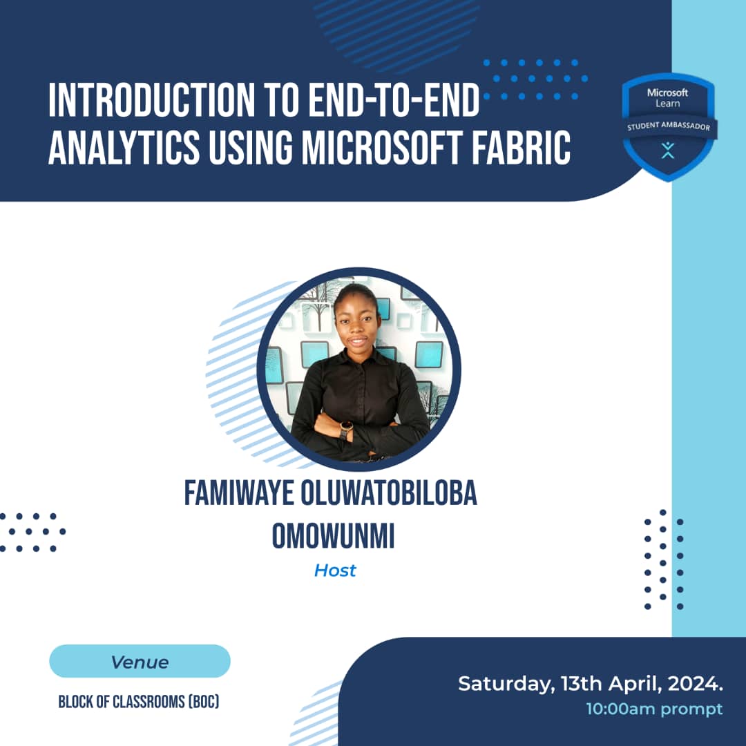 Join us for super session where we see how Microsoft Fabric seamlessly integrates various technologies to drive actionable insights.

forms.office.com/r/44s9iAJMmr

Date: Saturday, 13th April, 2024.
Venue: Block of Classroom
Time: 10:00am

PS: come along with your PC(not a requirement)