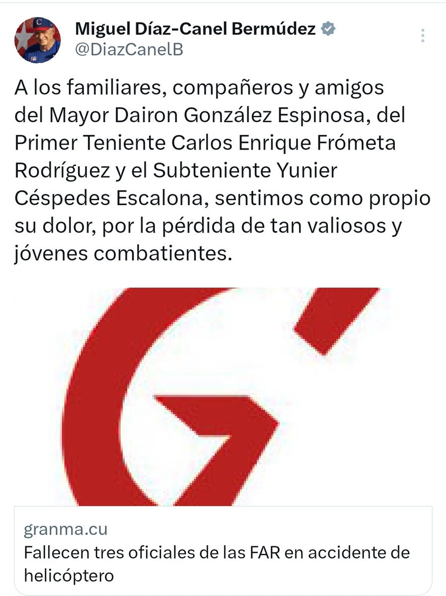 |🖤| El Primer Secretario del Comité Central del Partido Comunista de Cuba y Presidente de la República de #Cuba, @DiazCanelB, lamentó hoy el fallecimiento en accidente de helicóptero de los tres integrantes de la tripulación que cumplía misión de interés de las FAR.