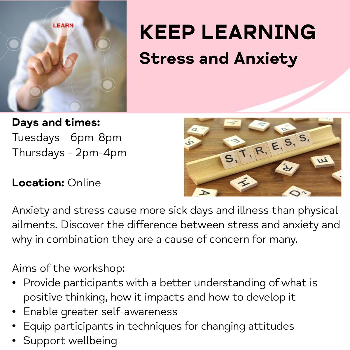 April is Stress Awareness Month. At East Kent Mind we offer an online Stress and Anxiety workshop. These take place on Tuesdays at 6pm & Thursdays at 2pm - for two hours.
To sign-up for the workshop, please click: bit.ly/3VGs5jl
#eastkent #stress #anxiety #LittleByLittle