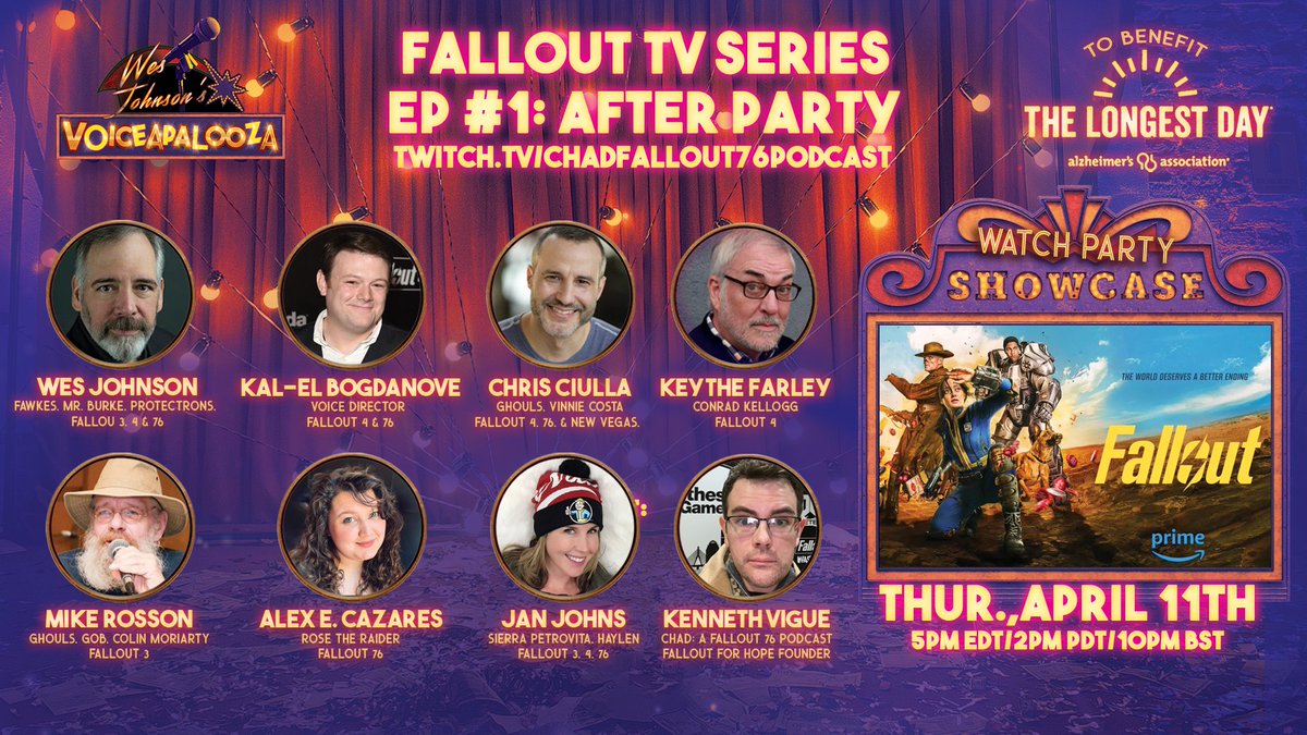 5PM ET / 2PM PST It's a @falloutonprime charity after party! Guests: @WesJohnsonVoice @KalElBogdanove @BostonVoiceGuy @faronear @MikeRossonVoice @Alex_E_Cazares @janjohnsvoactor Twitch .tv /CHADFallout76Podcast