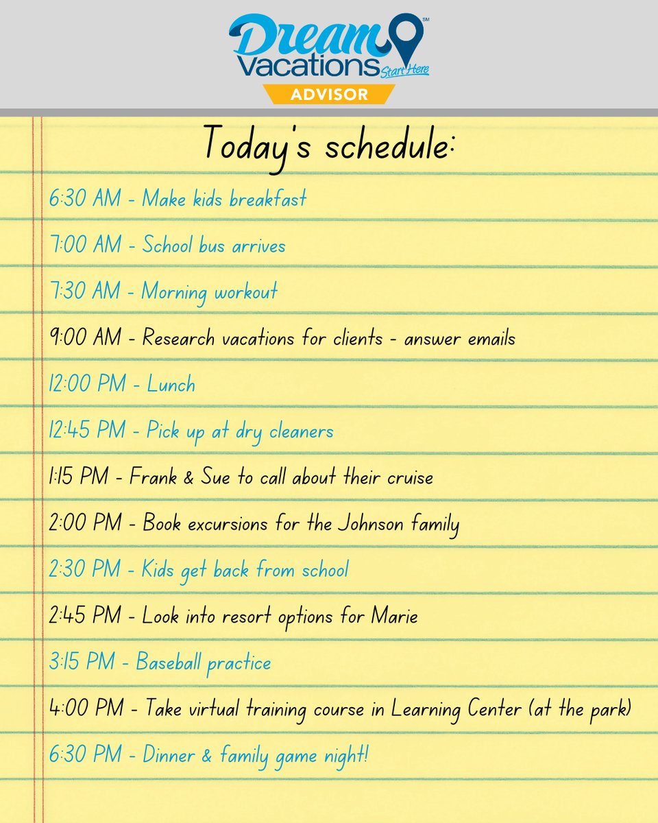 Busy schedule? Dream Vacations Advisors can work whenever they want, from wherever they want - allowing you to earn money selling travel - while having all the time you need to spend time with loved ones and keep up with everything life throws your way. #WFH #FlexibleJobs