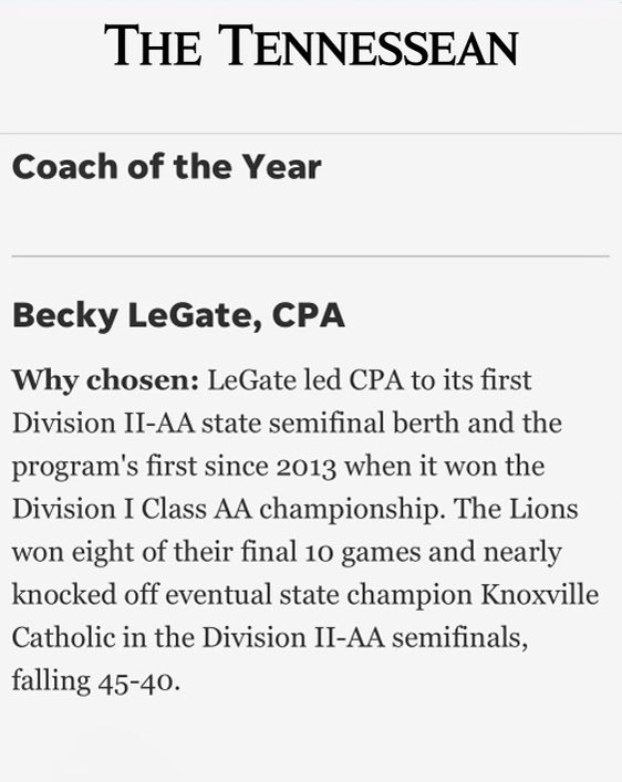 Congratulations to 🏀 GIRLS BASKETBALL head coach Becky LeGate on being named The Tennessee Girls Basketball Large Class Coach of the Year following a final 4 run this past season in Division II-AA. @CPALionsWBB @tnsports @CPALions