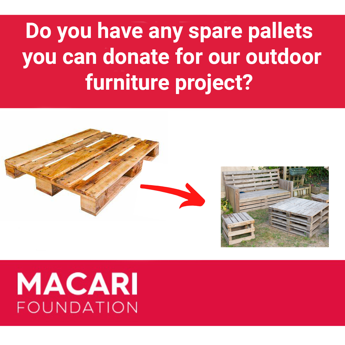 Pls RT: Our residents want to design and build some outdoor furniture out of wooden pallets for the Centre’s courtyard in time for summer. Do you have any spare pallets you can donate to us for this project? We need approx 40. If you can help, pls email themacaricentre@gmail.com