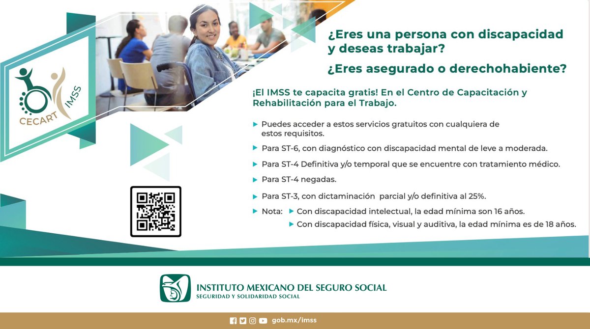 ¿Eres una persona con discapacidad y deseas trabajar?

¿Eres asegurado o derechohabiente?

¡El #IMSS te capacita gratis! En el Centro de Capacitación y Rehabilitación para el Trabajo #CECART.