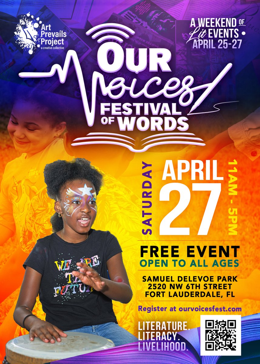 Don't miss the Our Voices Festival of Words on April 27! The FREE event promises to inspire and entertain all ages. Save the date for an unforgettable experience! #FestivalOfWords #CommunityEvent 🎤✨ Register at ourvoicesfest.com @CSCBroward @art_prevails