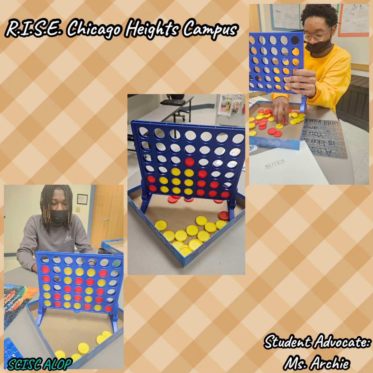 TCOB4Students's tweet photo. @SouthCookISC ALOP R.I.S.E. Chicago Heights campus student advocate, Ms. Archie @archie86211 connecting with students by way of “Connect Four”! Fun Times!🤩
|Principal Peterson, AP West, & Social Worker Mr. Keane @DrVkinder #SCISCALOP #RISE ChicagoHeights https://t.co/5eqvXv1Bef