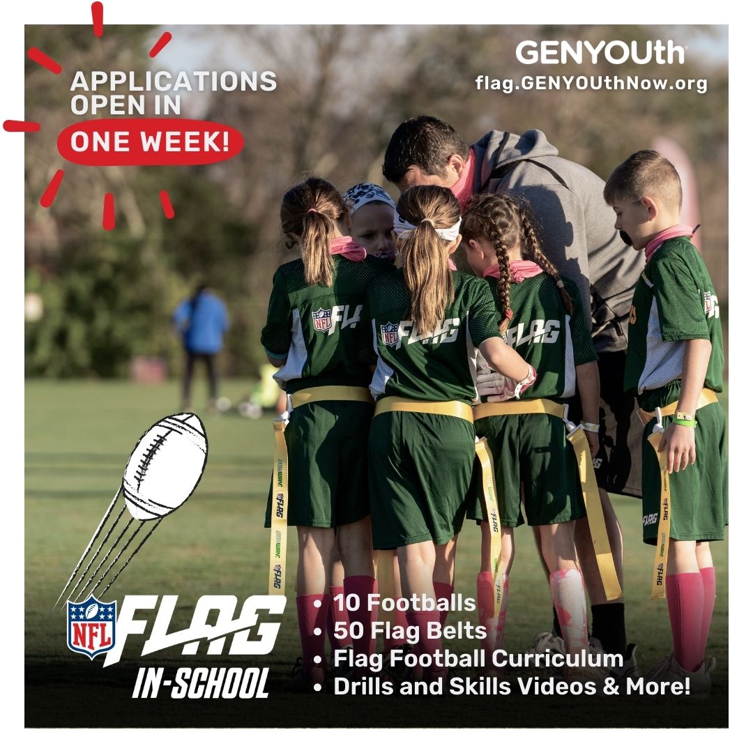 NFL FLAG-In-School applications open in ONE WEEK! 🏈 PE Coaches – Bring one of the nation’s fastest growing #TeamSport to your school & students! Learn more & sign up for application alerts:  flag.genyouthnow.org

#NFLFLAGInSchool