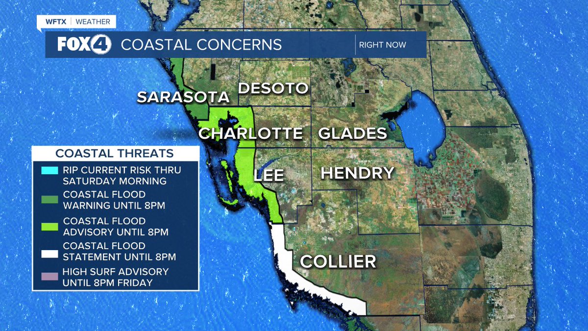 COASTAL CONCERNS CONTINUE: Coastal flooding is expected to be significant from Sarasota county northward. Minor coastal flooding is expected for Charlotte, Lee and Collier through this evening. Rip currents and high surf will continue through tomorrow. #flwx