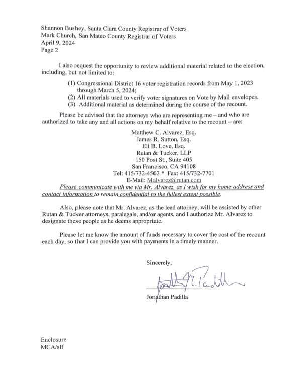 Here’s the letter requesting the CD16 recount. Sam Liccardo is hiding behind his former staffer & donor who filed the request “on my behalf.” I have not called for a recount & I oppose one. Stating that it is on my behalf is disingenuous. We still don't know who is paying for it.