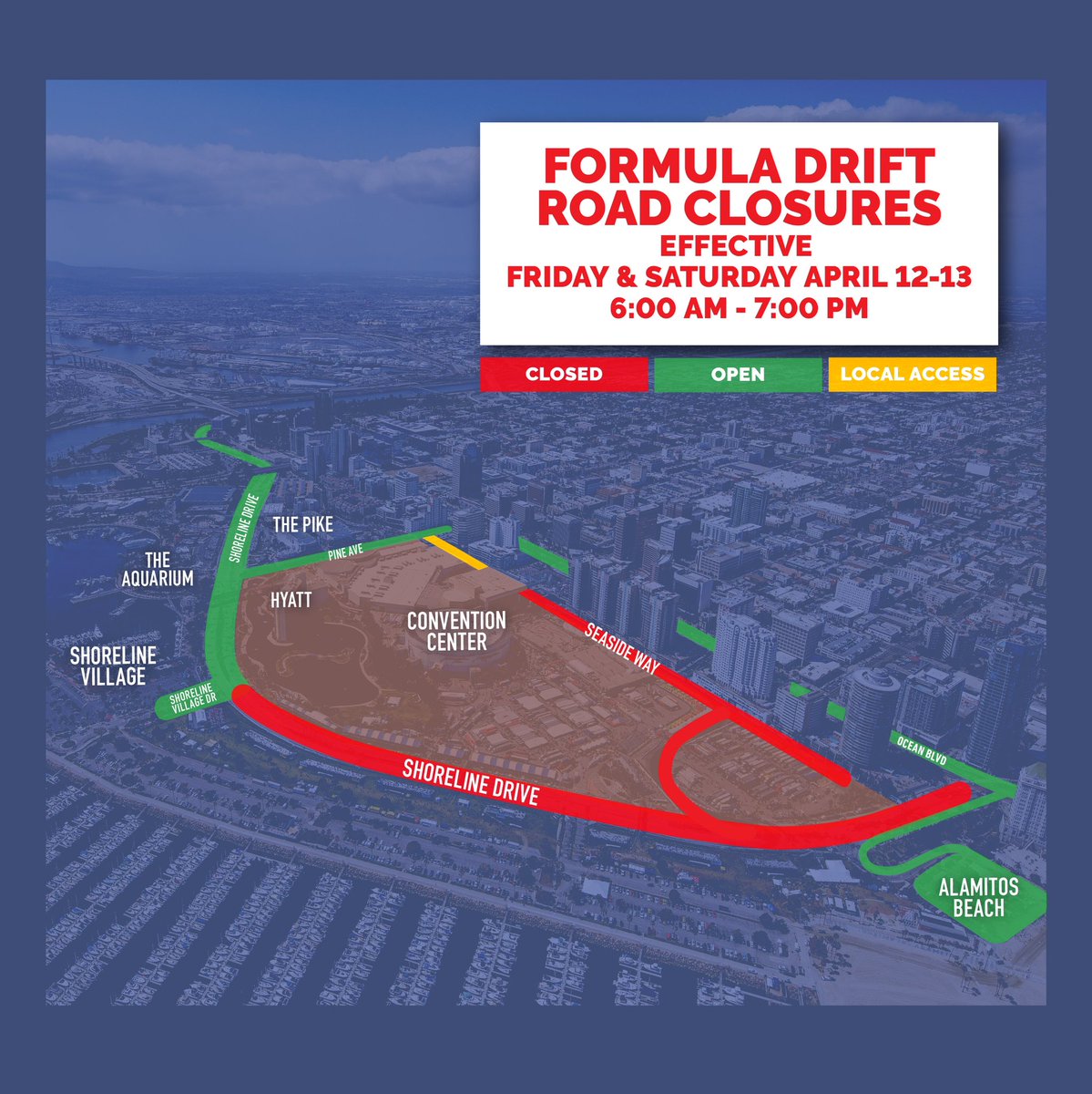 🚧 ROAD CLOSURES ALERT ⚠️ 🏎 FORMULA DRIFT Effective Friday & Saturday, April 12 & 13 from 6AM - 7PM. For more event updates, follow @LBSpecialEvents!