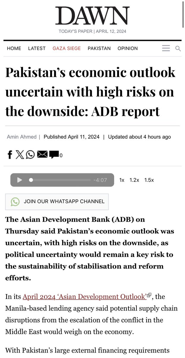 “The Asian Development Bank (ADB) on Thursday said Pakistan’s economic outlook was uncertain, with high risks on the downside, as political uncertainty would remain a key risk to the sustainability of stabilisation and reform efforts.”- @dawn_com Two years after the regime…