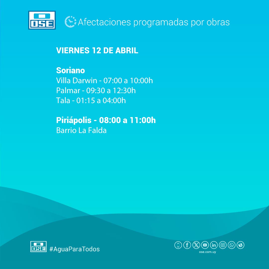 Afectaciones de suministro programadas 📆 Viernes 12/4 📍Soriano 📍Piriápolis 📲 0800 1871 | * 1871 gratis desde móviles #oseuruguay