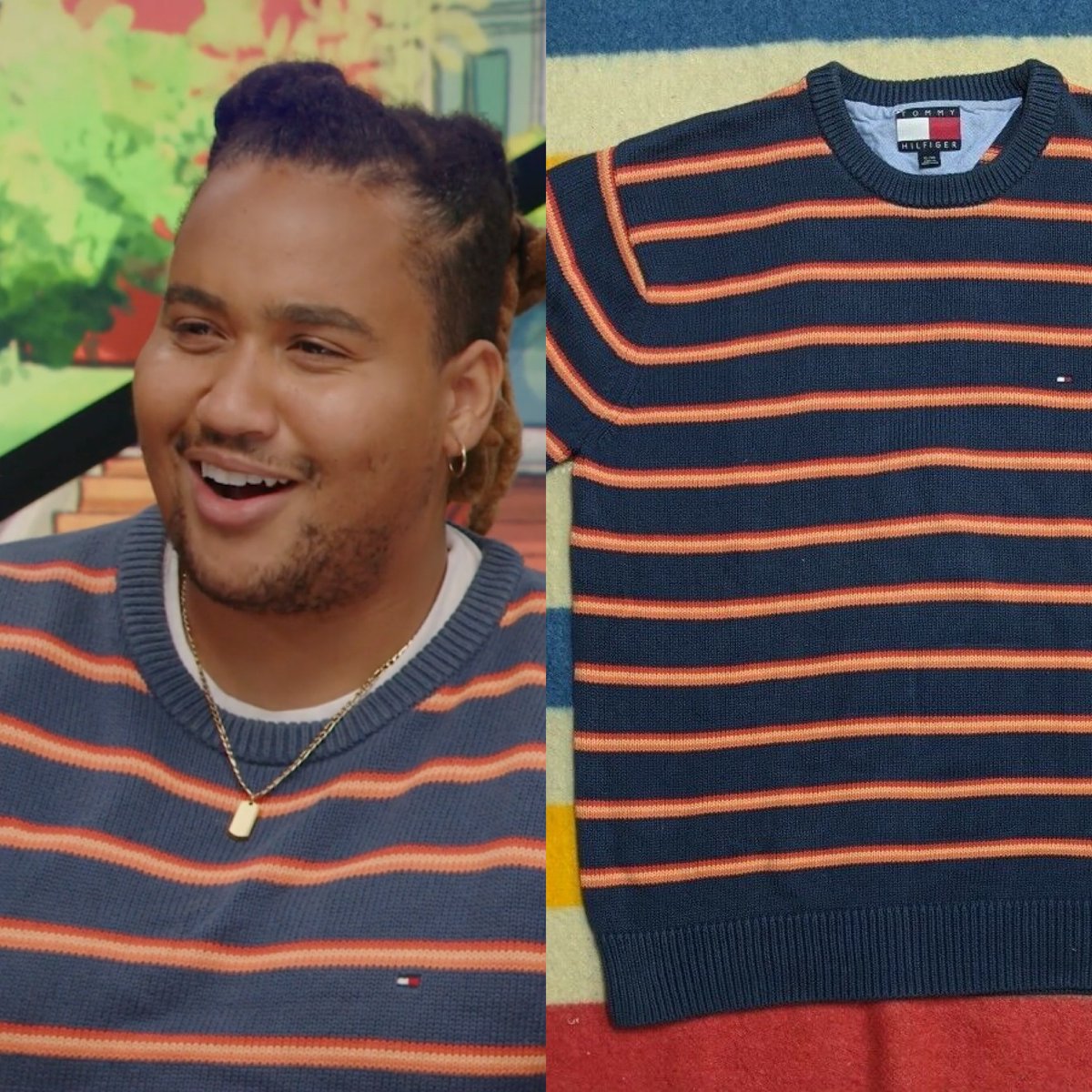 lou wore the "multicolor striped knit pullover sweater" by tommy hilfiger on episode 14 of fantasy high: junior year. the sweater is no longer available. #dimension20 #fantasyhigh #fhjy