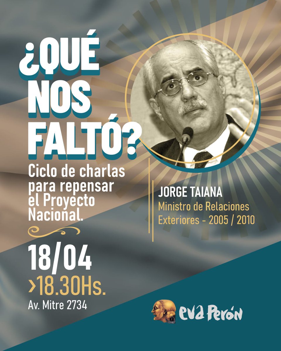 🇦🇷 Ciclo de charlas para repensar el Proyecto Nacional: ¿Qué nos faltó? 👉🏽 Hoy te esperamos en la sede de la @agevaperonof a las 18.30 hs para charlar con Amado Boudou. 👉🏽 El 18 de abril, en nuestro tercer encuentro, tendremos la visita del ex Ministro @JorgeTaiana.