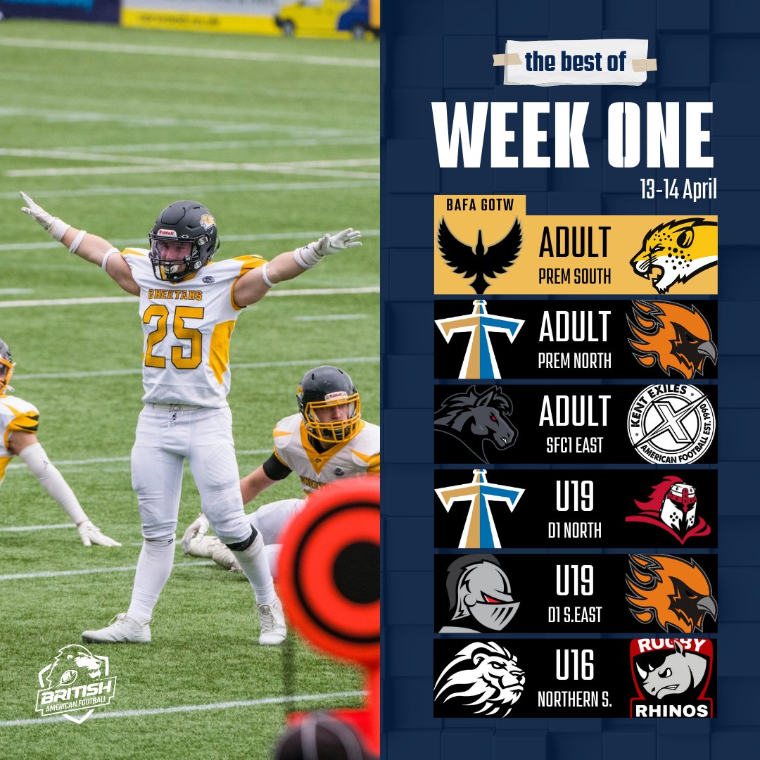 This weekend marks kick-off in #BritishAmericanFootball contact with the Adult, U19 and U16 leagues in action. 

As always, find all of this weekend’s fixtures on our LeagueRepublic sites and beware fake stream links posted in comments.

#KickOffWeekend #bafaGOTW
